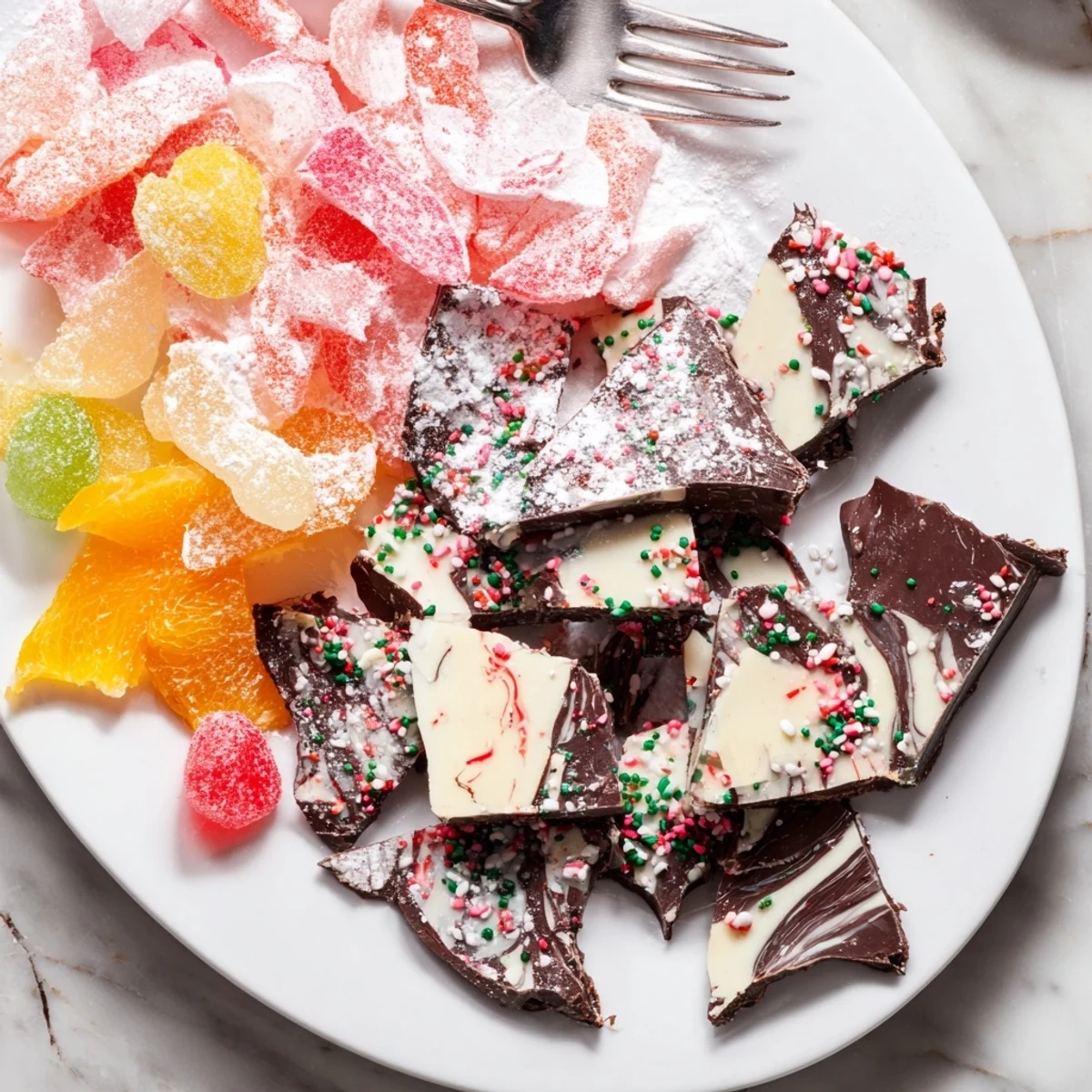 Festive Jingle Bell Rock Candy Display shimmering with colorful rock candies and holiday chocolates for your table.