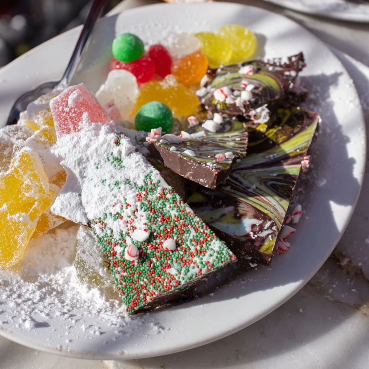 This Jingle Bell Rock Candy display sparkles, featuring ruby red, emerald green, and other flavors for a joyful treat.