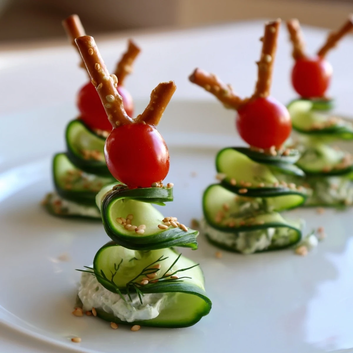 Holiday party-ready Spiral Cucumber Ribbon Christmas Trees displayed, featuring ribboned cucumbers on pretzel sticks for a delightful treat.