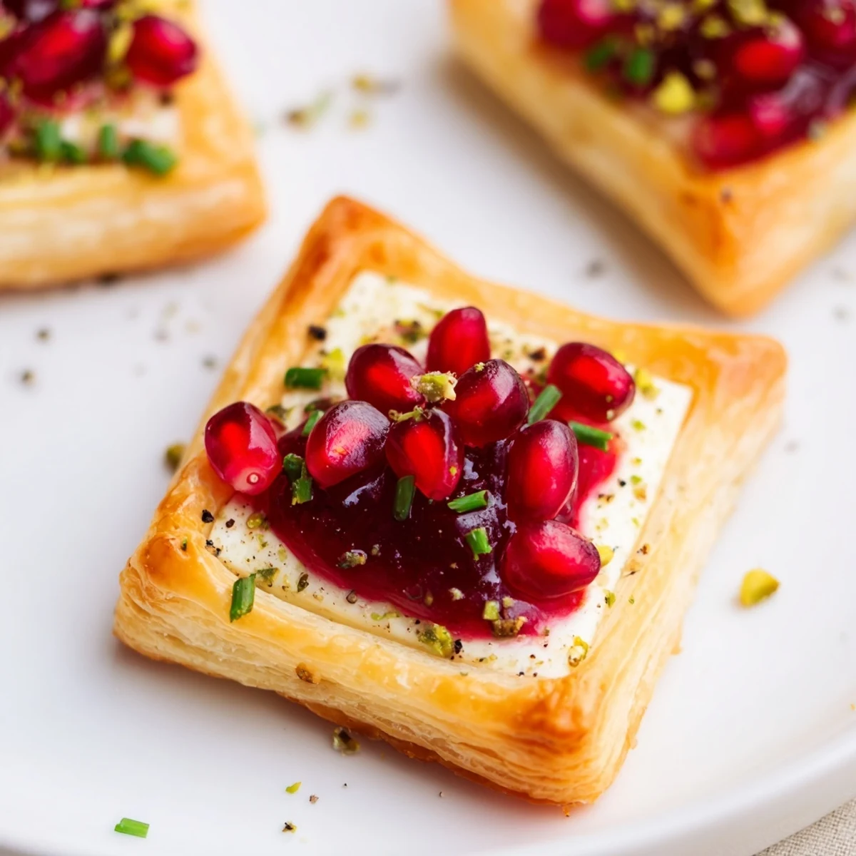Warm, creamy, baked Fireworks Brie Tartlets, a festive treat with fruit preserves and fresh herbs.