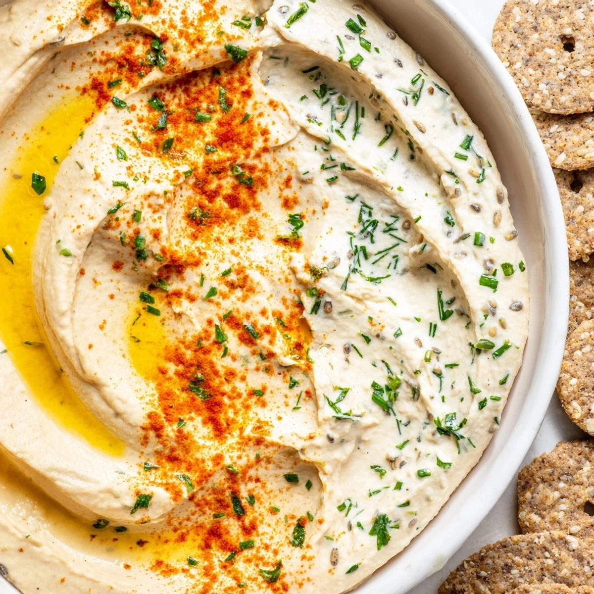 A beautiful photo shows easy dips: a creamy yogurt dip and hummus, ready to be enjoyed.