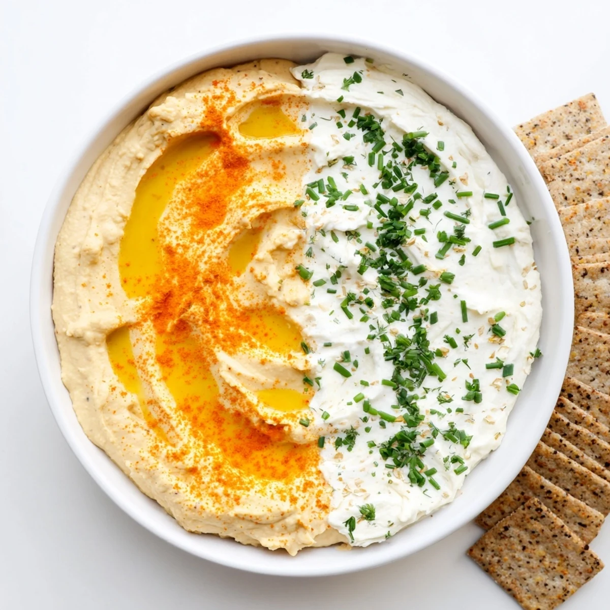 Fresh herbs and paprika garnish the easy dips, perfect for a gathering or snack time with friends.