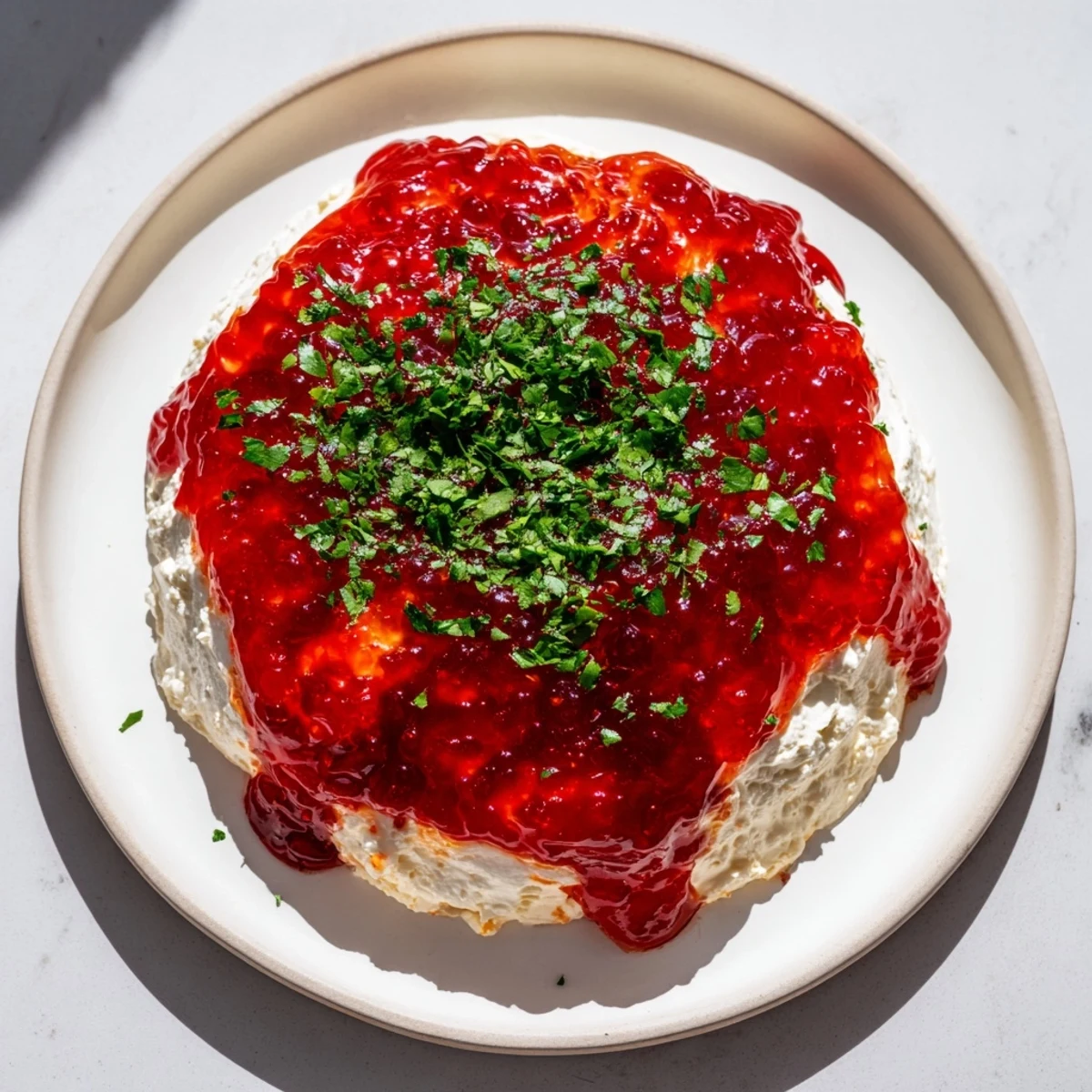 A close-up of the delicious Cream Cheese and Pepper Jelly Star Appetizer, drizzled with colorful red jelly.