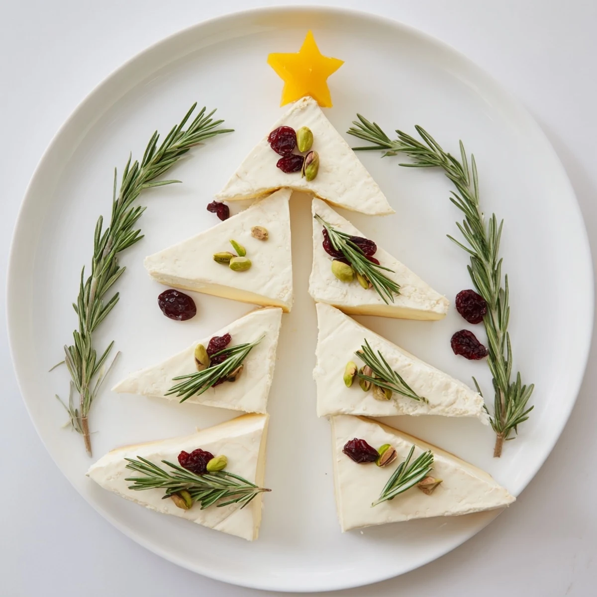 Elegant Brie Triangle Cheese Tree appetizer, adorned with rosemary, cranberries, and pistachios ready to serve.