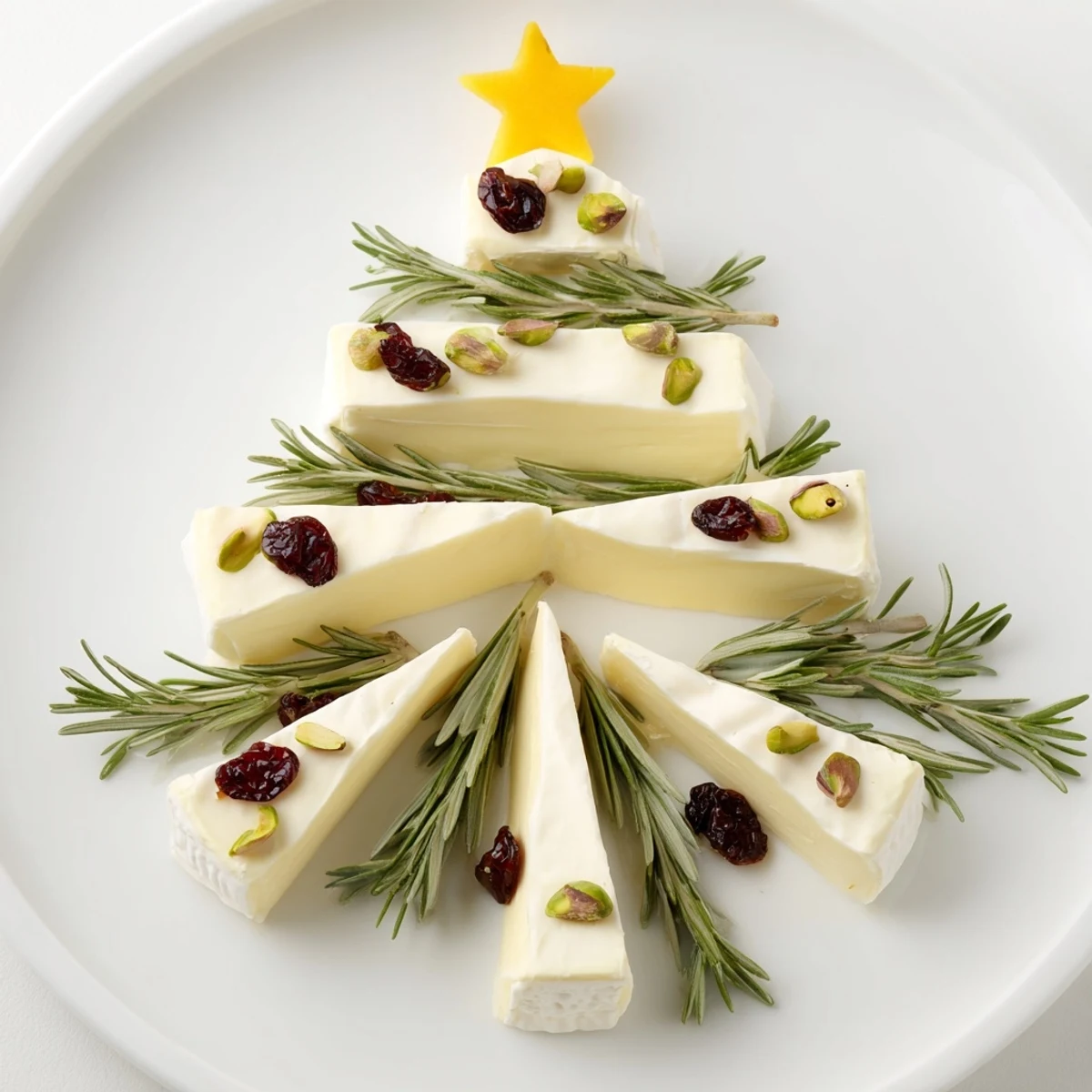 Creamy Brie Triangle Cheese Tree presentation, beautifully decorated for a festive gathering with crackers on the side.