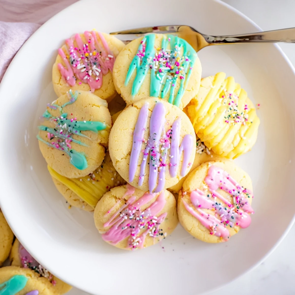 Buttery sugar cookies, drizzled with colorful icing, ready to eat and enjoy for a sweet treat.