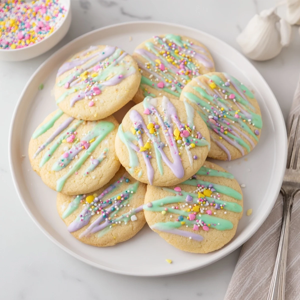 A plate of freshly baked sugar cookies with a beautiful, swirled icing drizzle on each treat.