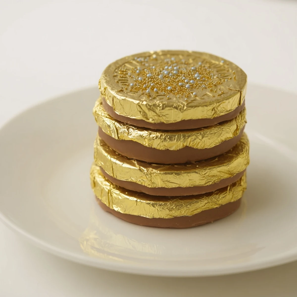Delightful holiday display: stacked chocolate gold coins, drizzled with gold glitter, ready to enjoy.