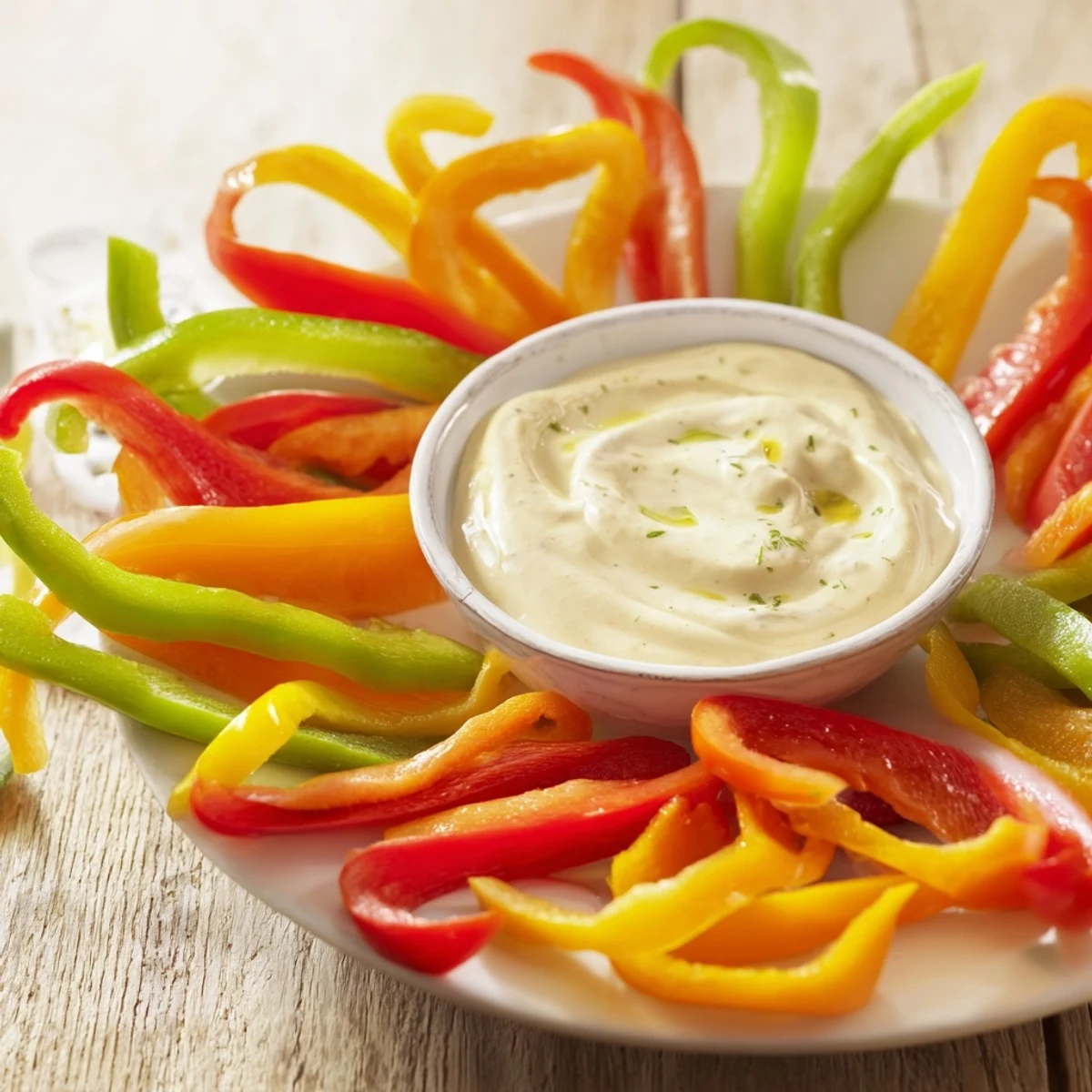 Crisp, colorful bell pepper strips radiate from creamy Greek yogurt dip, a healthy snack.