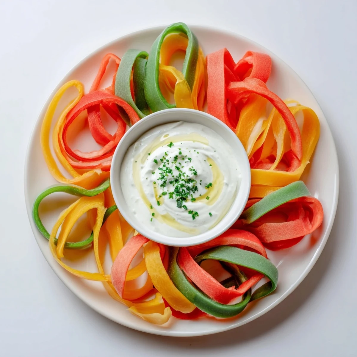 Freshly cut bell pepper strips alongside a bowl of flavorful creamy Greek yogurt dip, ready to enjoy.