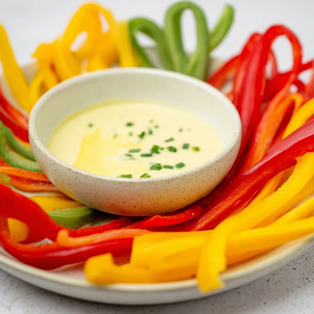 A platter of vibrant bell pepper strips surrounds cool Greek yogurt dip, perfect for dipping & snacking.
