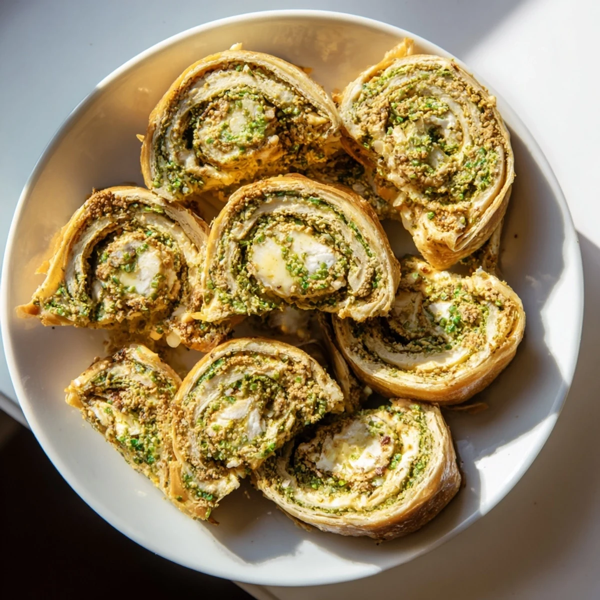 Close-up of flaky, oven-baked Savory Spinach Feta Pinwheels, showing creamy filling inside each spiral.