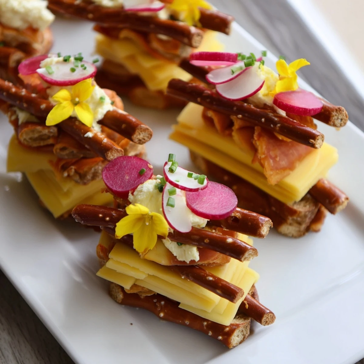 Rustic Log Cabin appetizer made with pretzel "logs" and cheese slices, ready to serve with crackers.