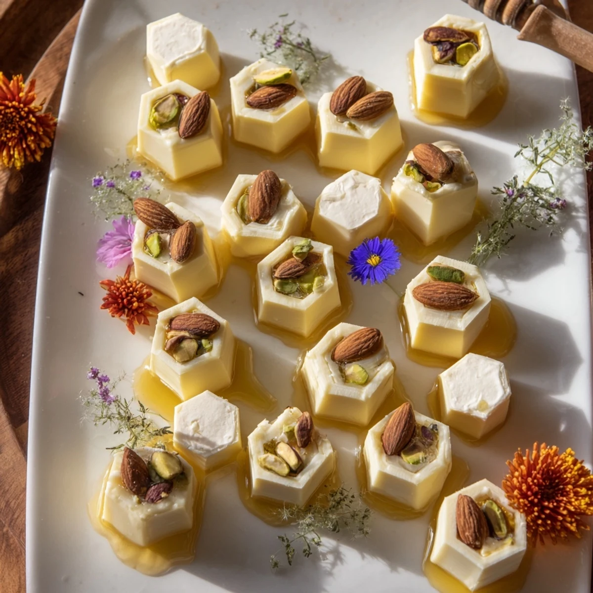 Creamy manchego and cheddar honeycomb hexagon maze cheese platter with honey drizzle and nuts.