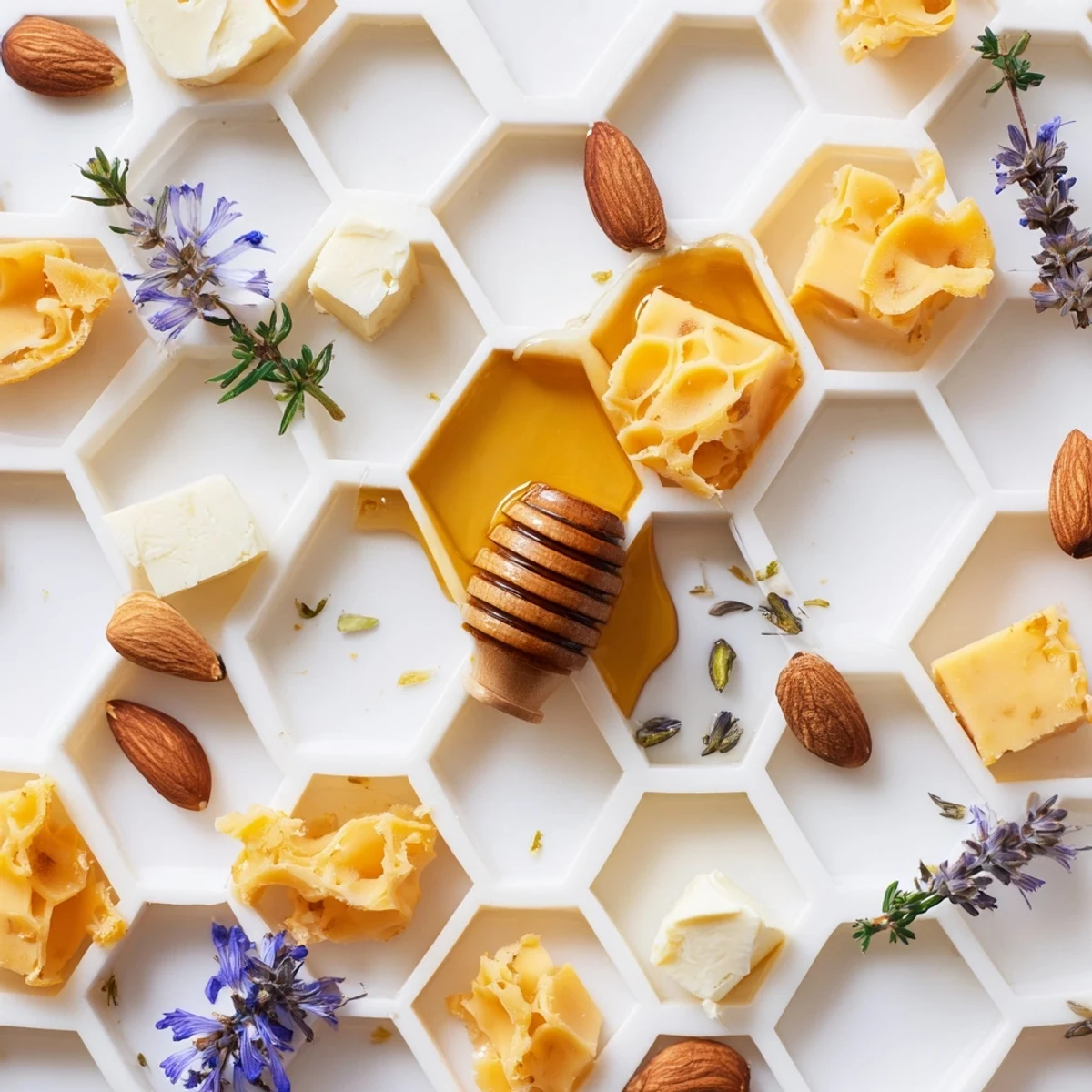 A beautiful, geometric honeycomb hexagon maze appetizer offering an assortment of cheeses and nuts.