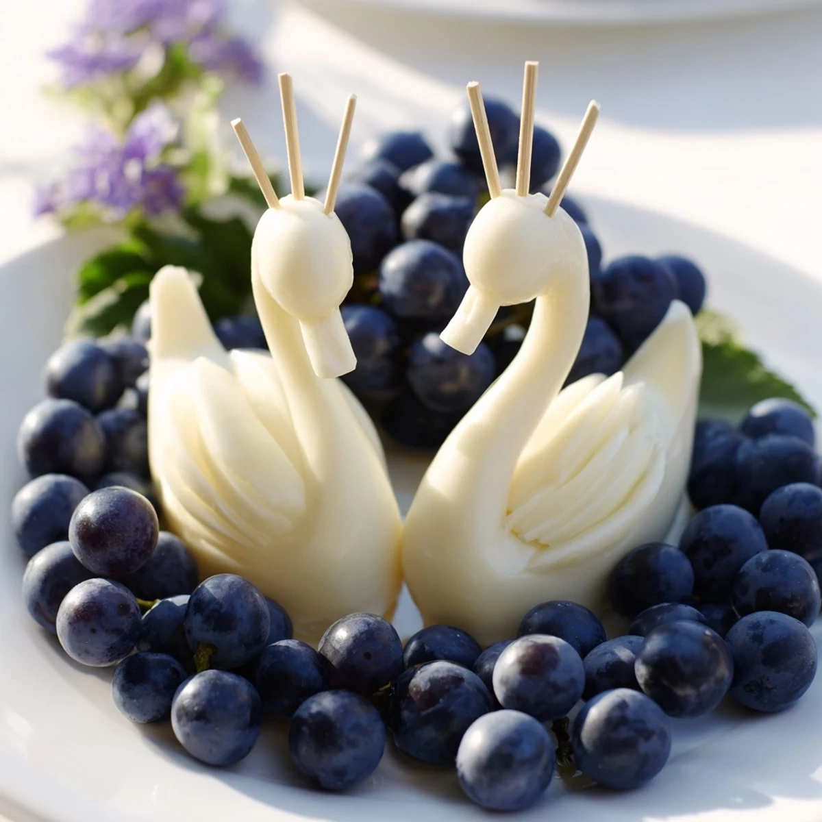 Elegant Swan Lake Board: A beautiful appetizer features cheese swan carvings with grapes and crackers.