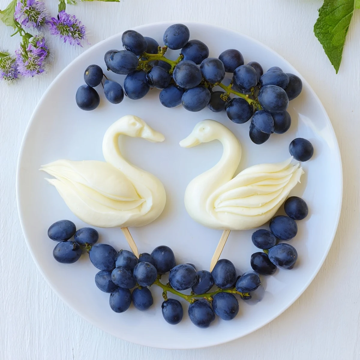 Elegant Swan Lake Board: Delicious, close-up view of graceful cheese swans and grapes on a serving board.