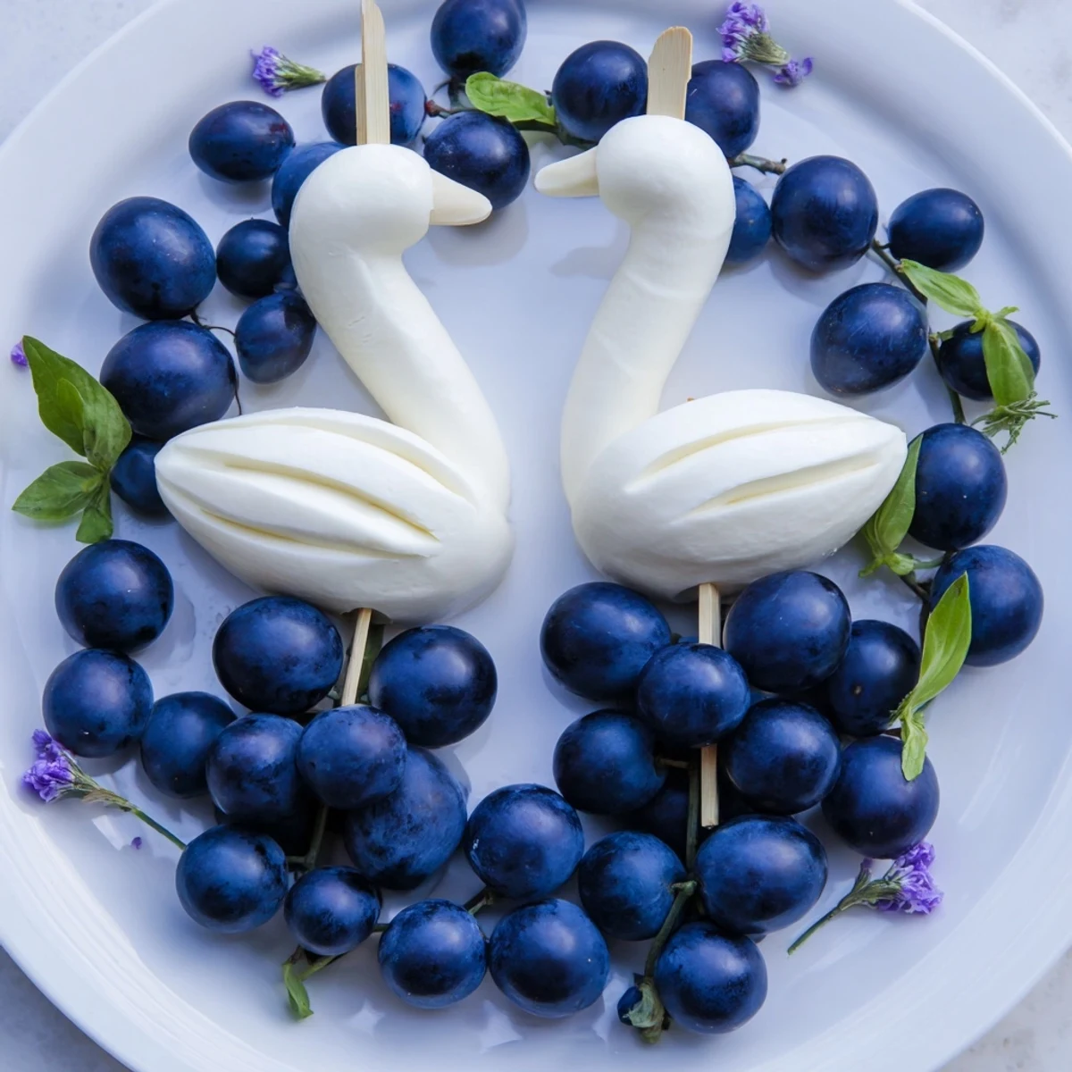 Elegant Swan Lake Board: Serene cheese and grape arrangement, featuring swan shapes for appetizer elegance.