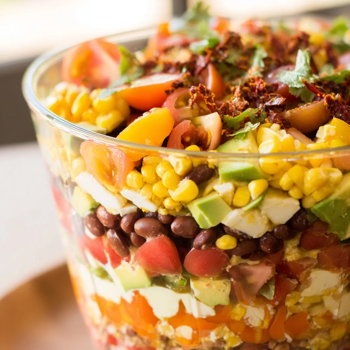 See the beautiful Southwest Sunset Palette salad, with layers of color and texture including spicy cheese.