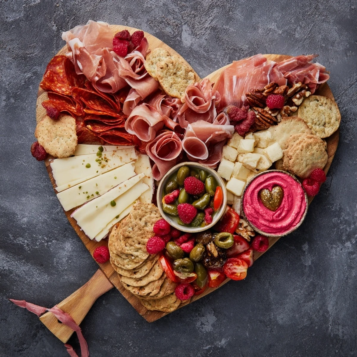 A romantic Heart of Romance Board overflowing with fresh fruits, cheese, and cured meats, perfect for sharing.