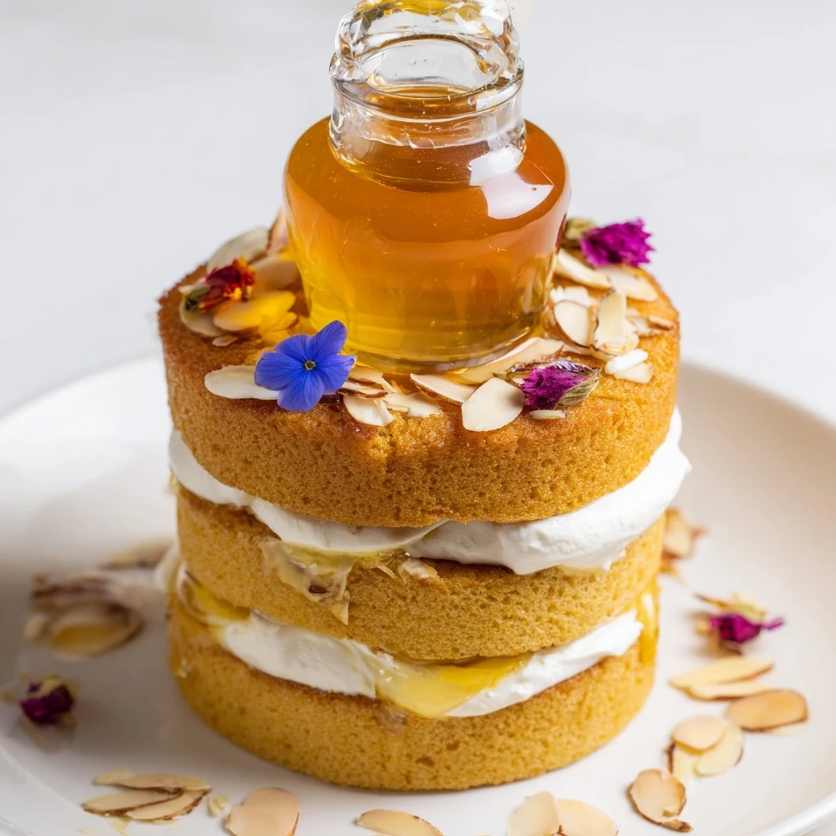 Golden, layered The Honey-Drip cake, with a central honey pot ready for dipping and enjoying.