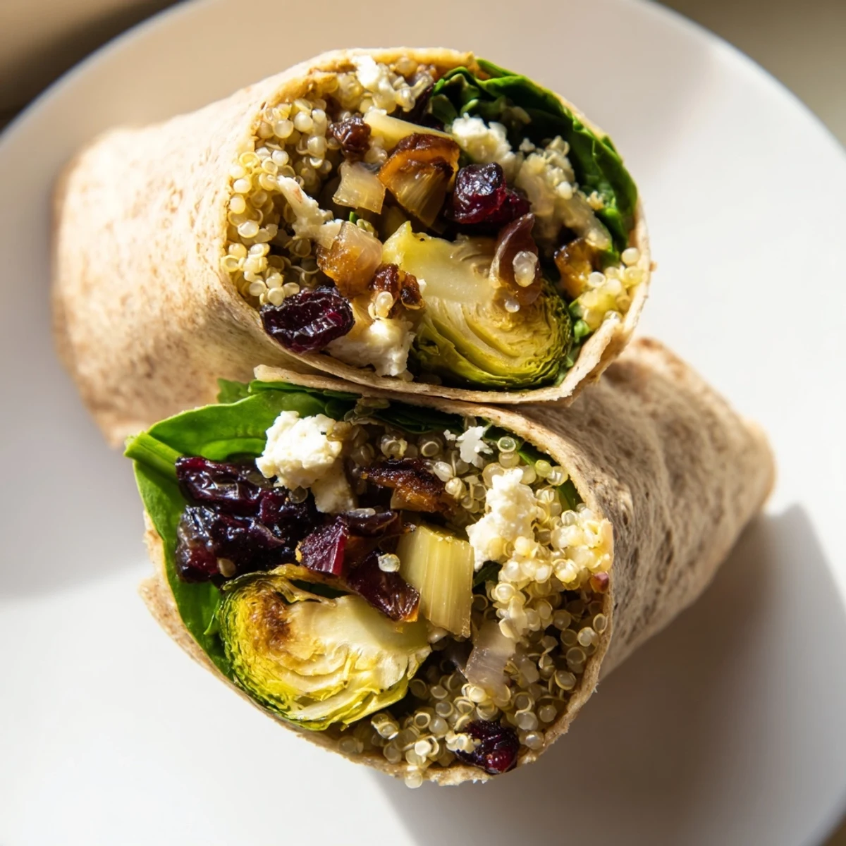 Golden roasted Brussels sprouts and cranberry grain wrap, bursting with sweet and savory flavors for lunch.
