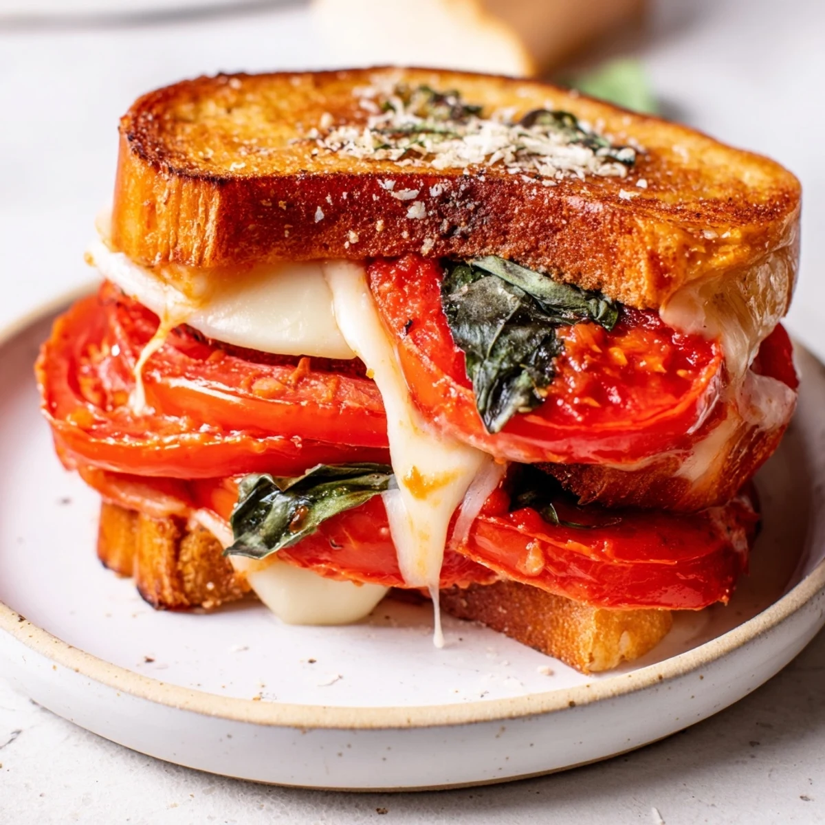 Enjoy the gooey mozzarella of a delicious Air Fryer Pizza Margherita Grilled Cheese sandwich with a warm, tangy pizza sauce.