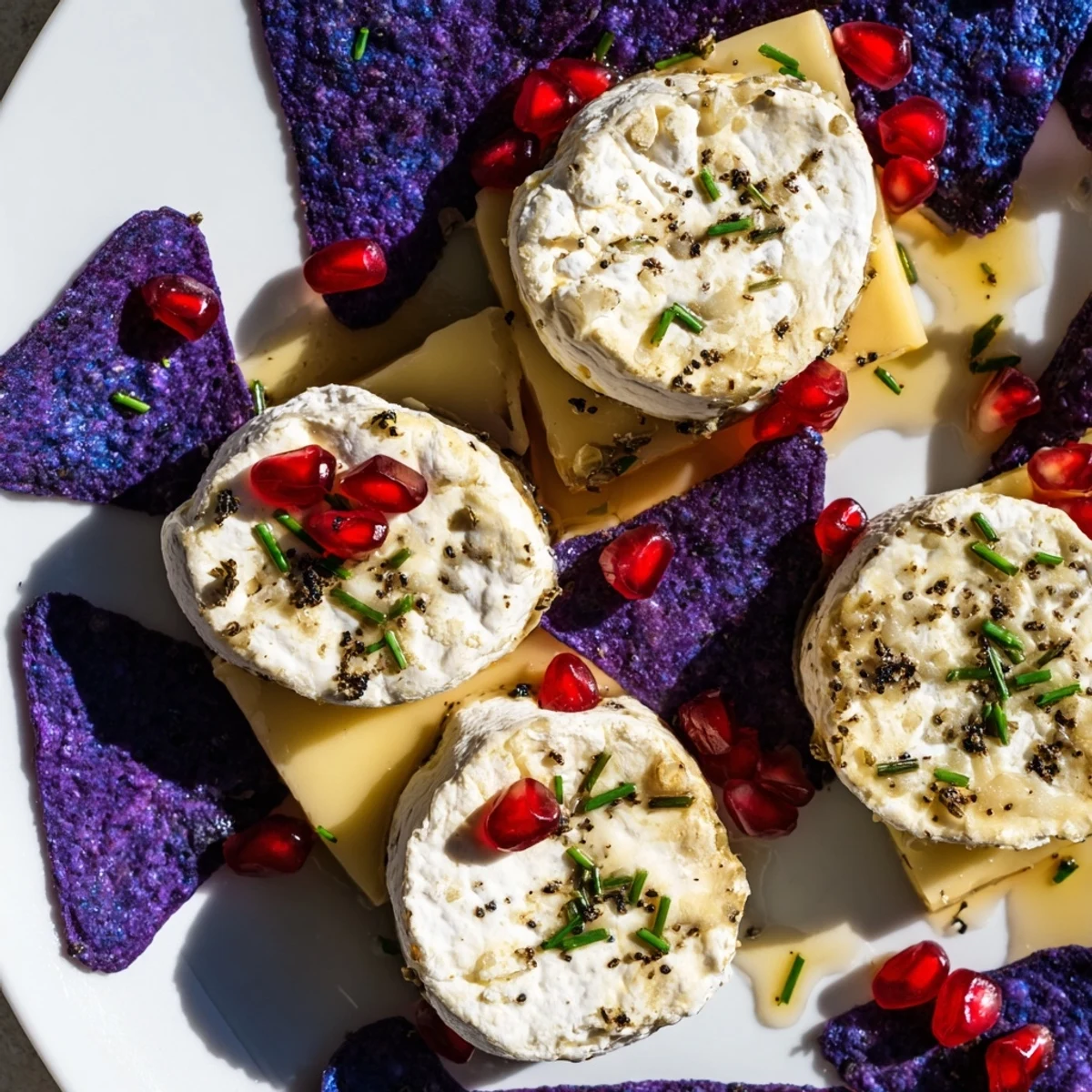 Appetizing view of The Stepping Stones: cheese rounds across a blue corn chip river, ready to serve.