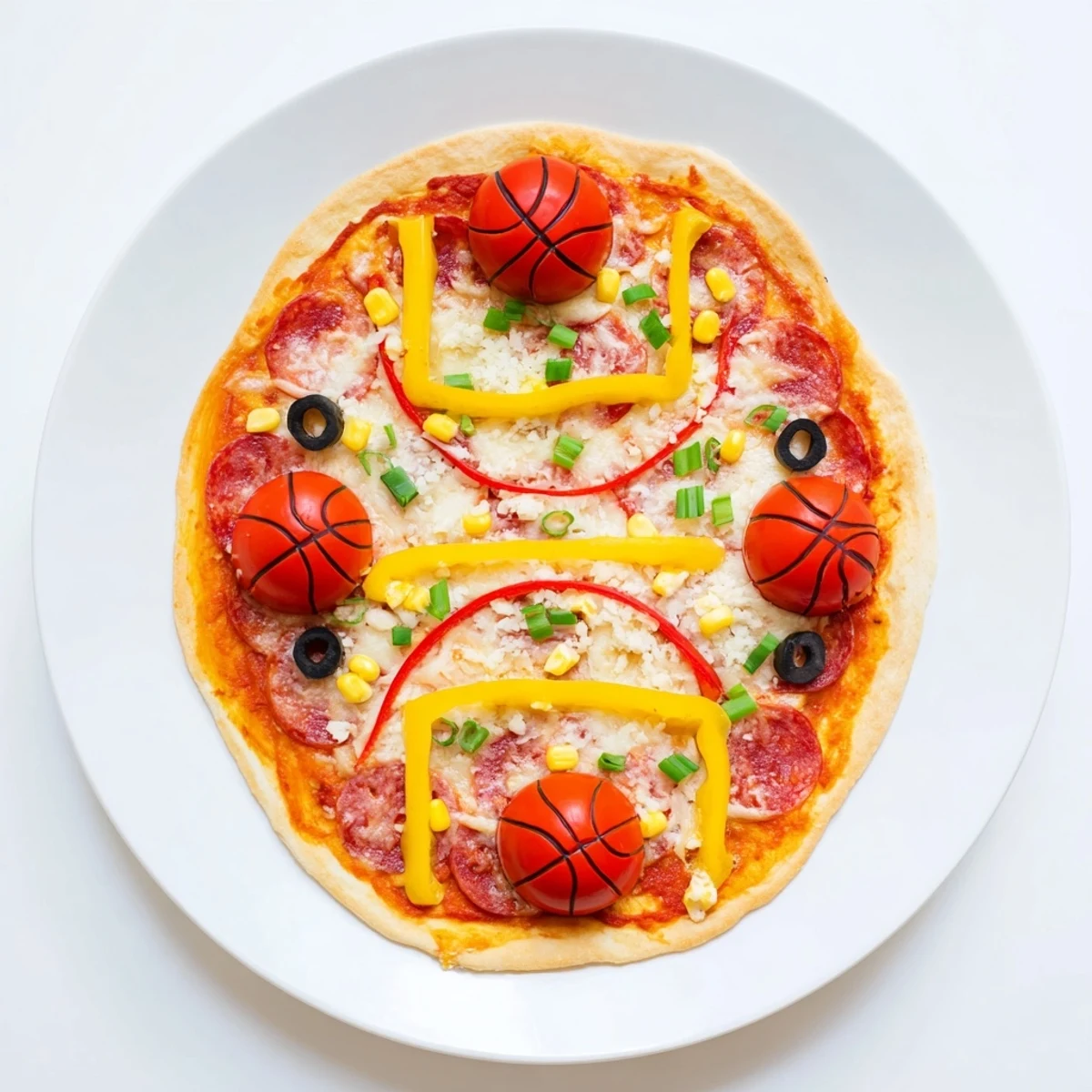 A close-up of a bubbling basketball court pizza, ready for slicing and enjoying with family.