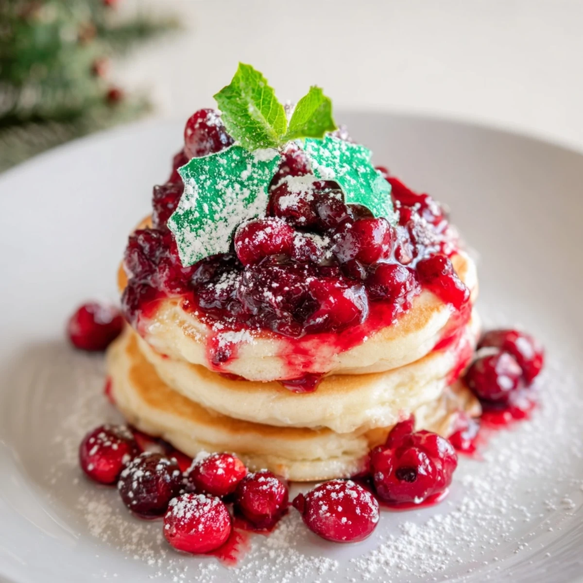 Fluffy stack of Brunch Board: Pancake with berry holly, a sweet and festive brunch treat.
