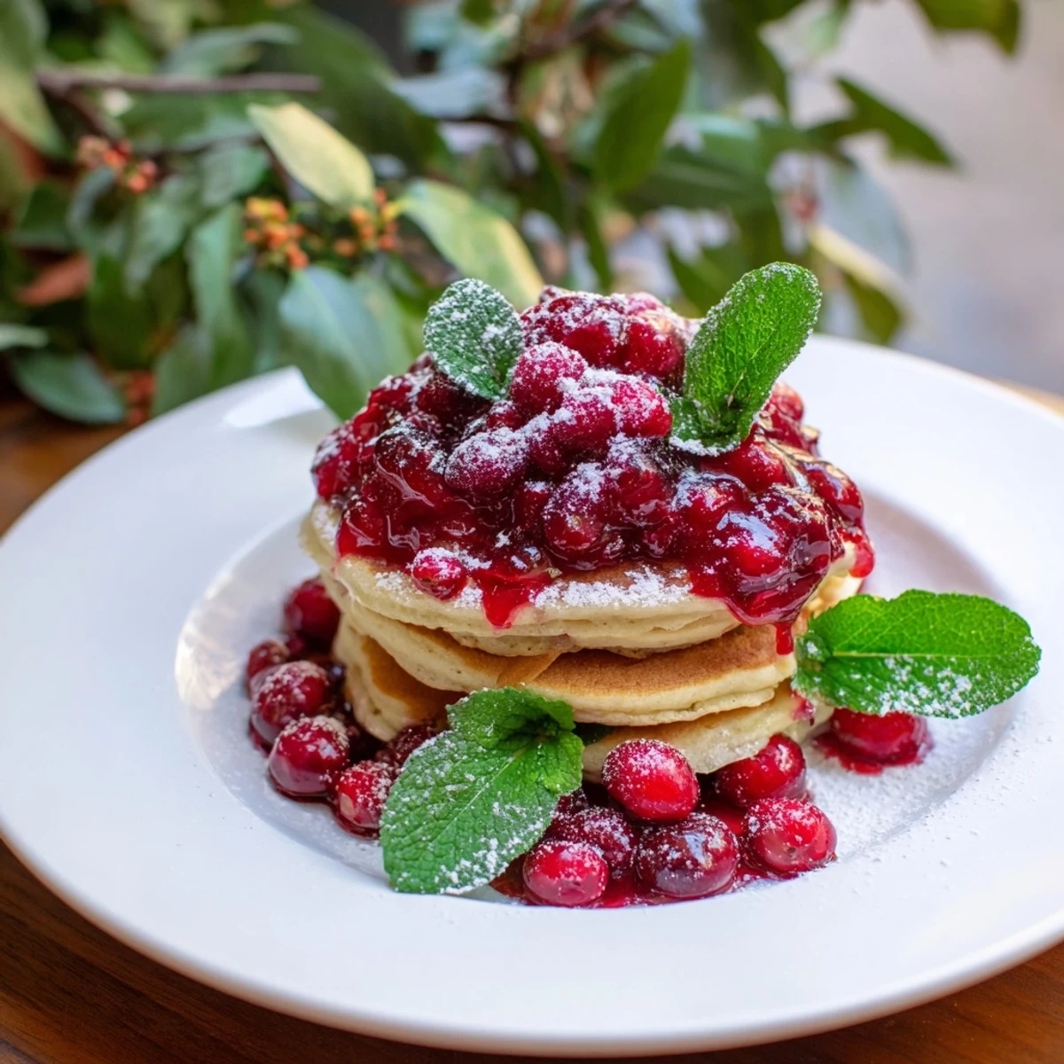 A close-up of a Brunch Board: Pancake, showcasing the vibrant berry holly topping and fresh mint.