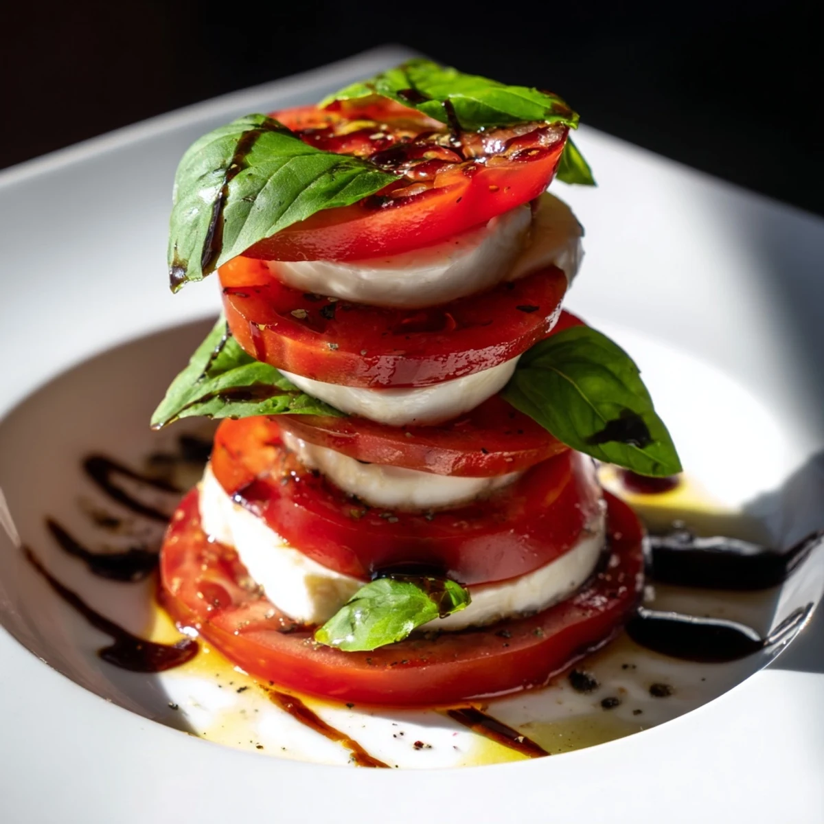 Elegant Tuscan Pillar appetizer: layers of red tomato, white mozzarella, green basil, drizzled with balsamic.