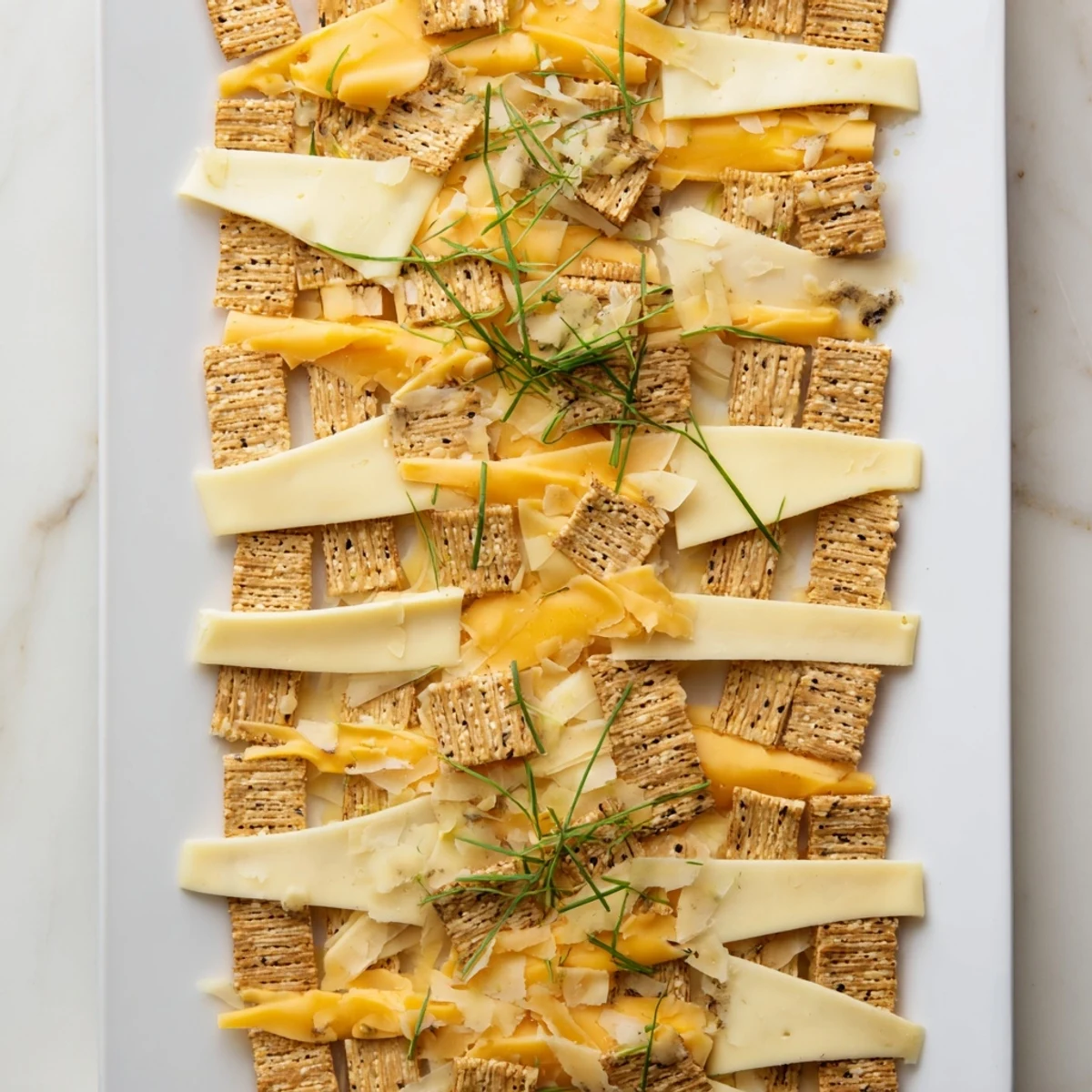 The Garden Gate Lattice: A beautiful appetizer lattice of cheese and crackers, ready to enjoy.