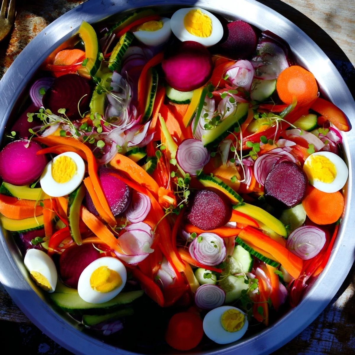 Vibrant "Neon Night" appetizer platter with bright pickles, beet-stained eggs, and colorful fruit, ready to eat.
