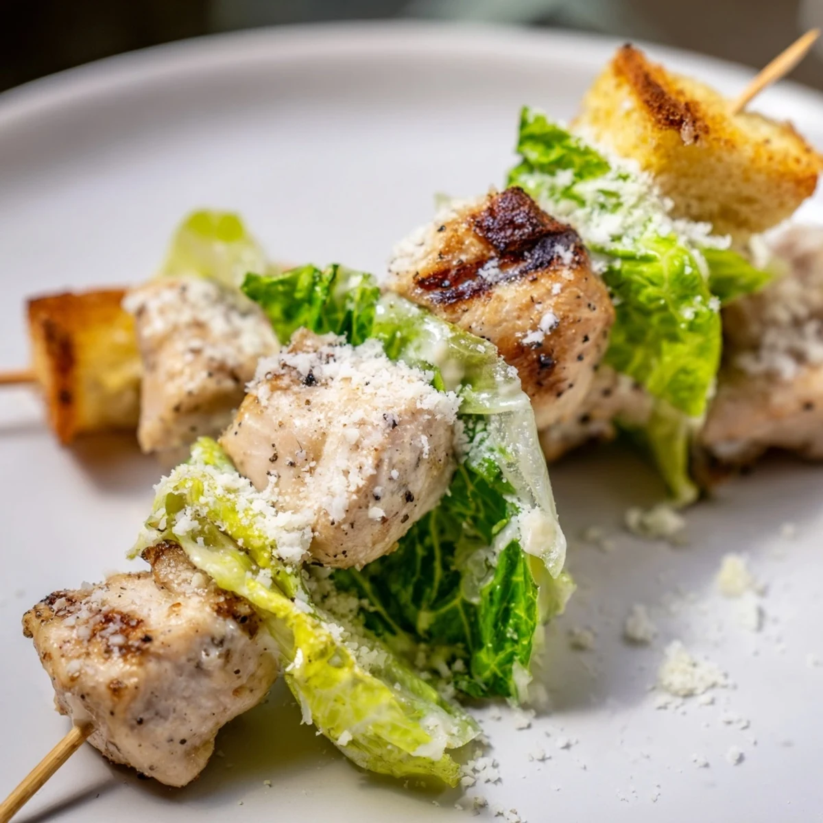 Grilled Chicken Caesar Salad Skewers served on a platter, showcasing fresh romaine and creamy dressing.
