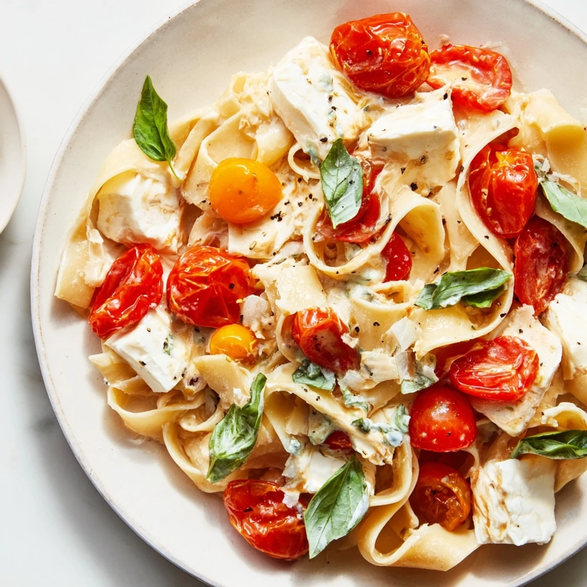 Vibrant image of Baked Brie Pasta Sauce, creamy, with basil on top, ready to serve.