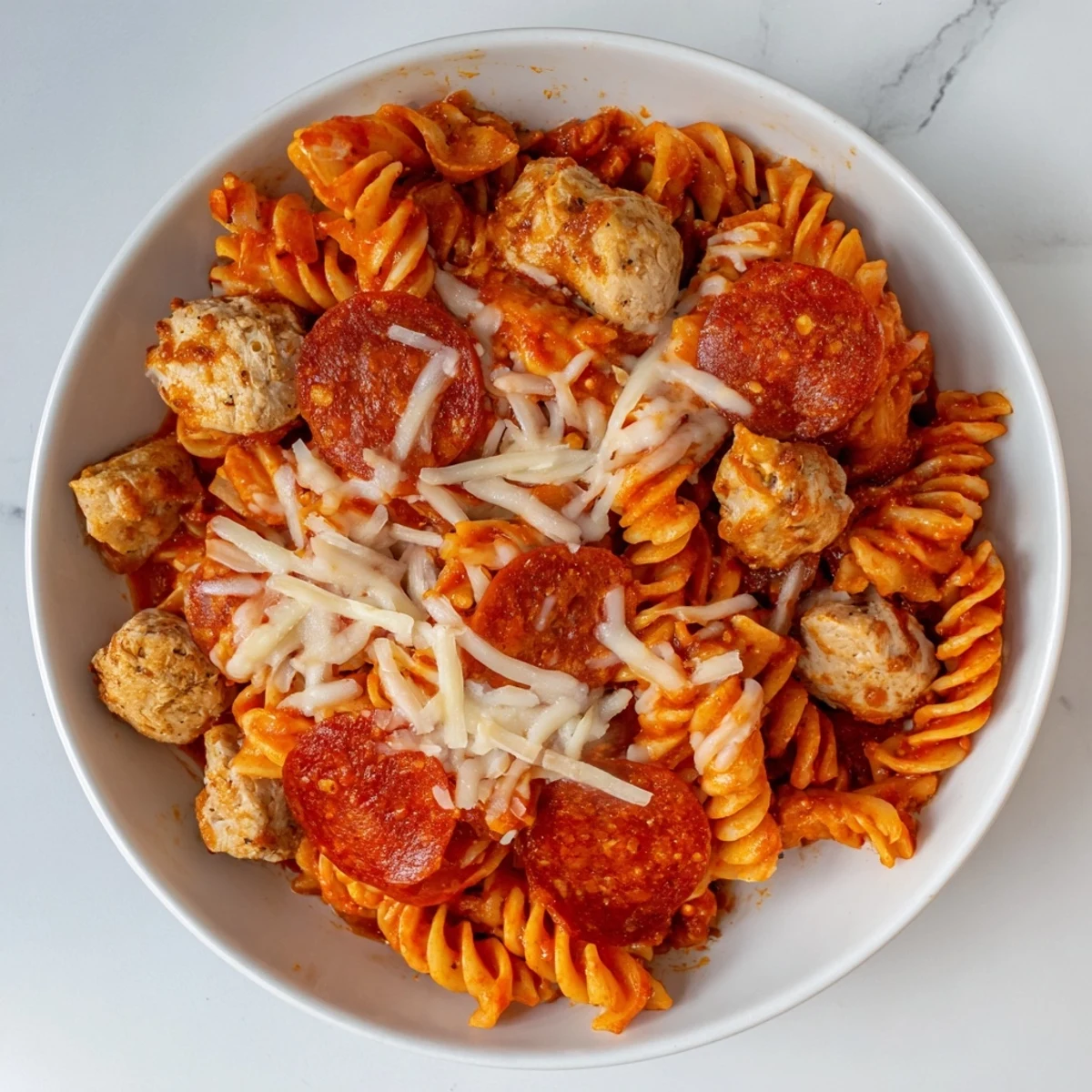 One-Pan Pizza Pasta loaded with melted mozzarella, pepperoni, and tender chicken in a skillet.