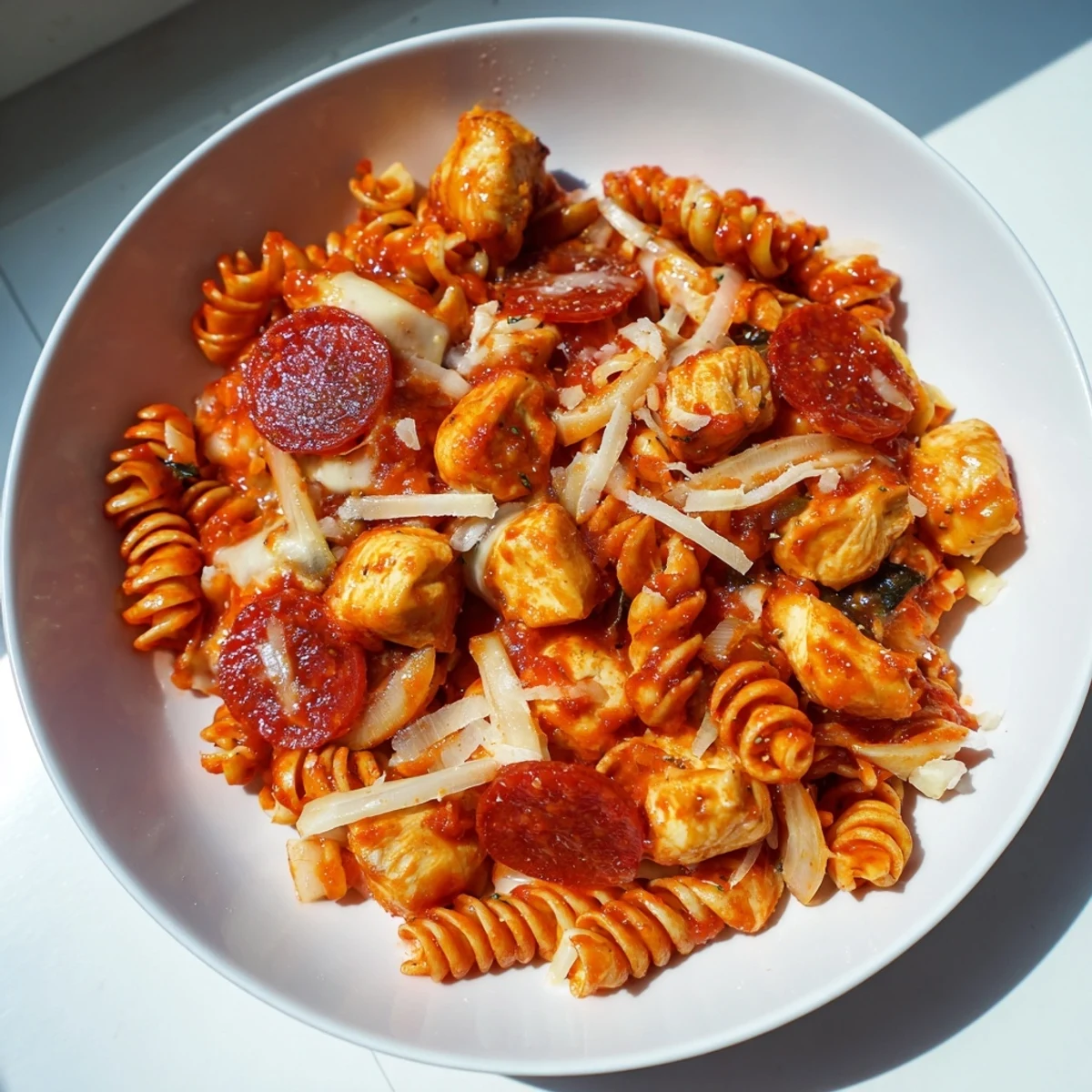 This comforting Italian-American One-Pan Pizza Pasta features vibrant red sauce and perfectly cooked rotini pasta.