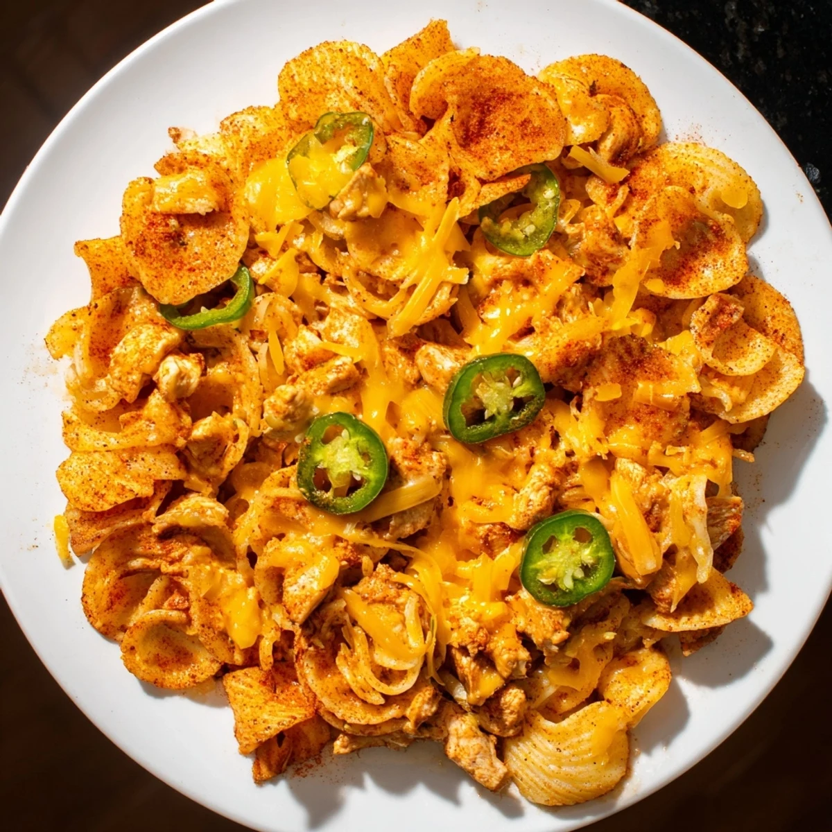Golden, crispy Pasta Chip Nachos topped with melted cheddar, perfect for a game night appetizer.