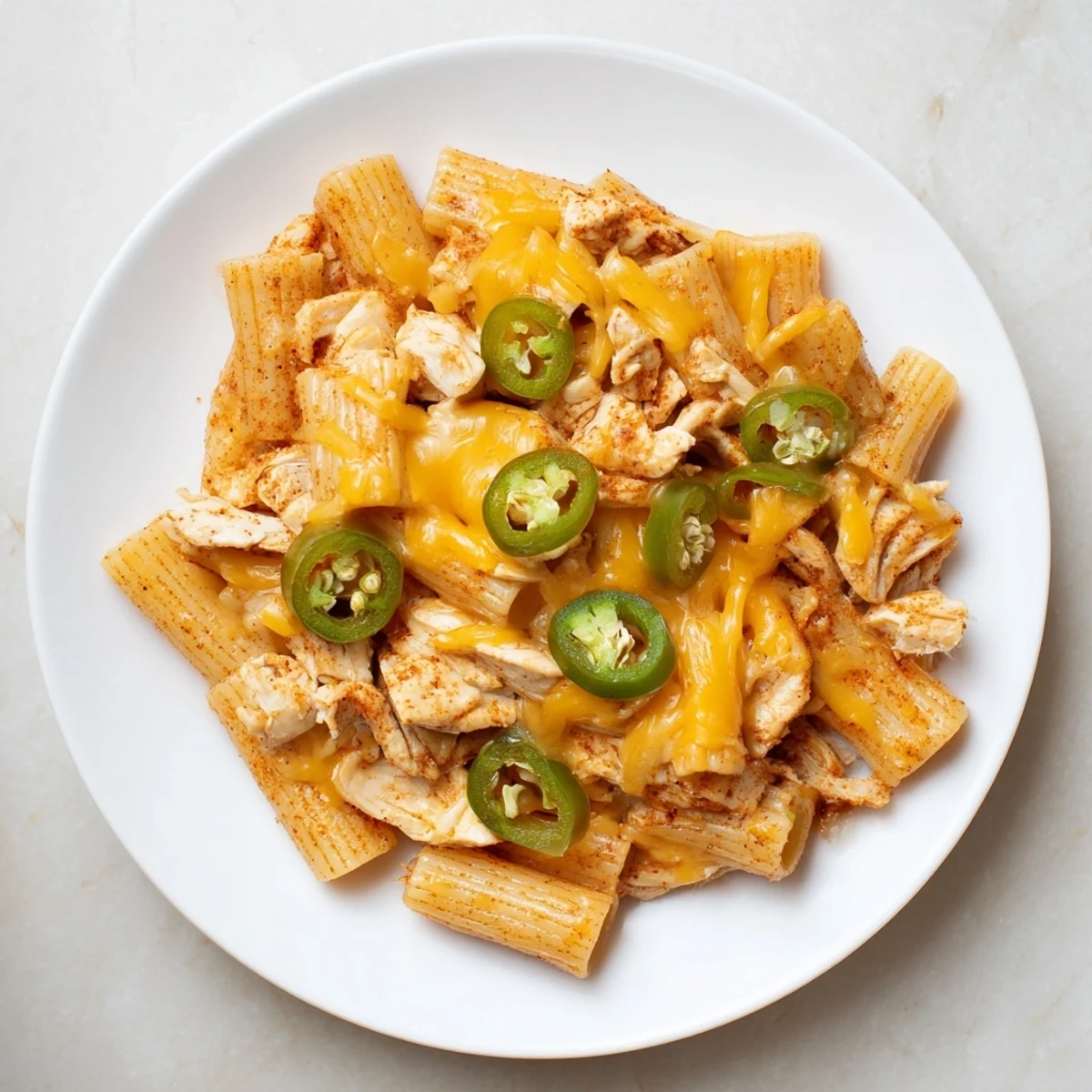 A close-up of vibrant Pasta Chip Nachos, showcasing taco chicken and fresh jalapeños, ready to eat.