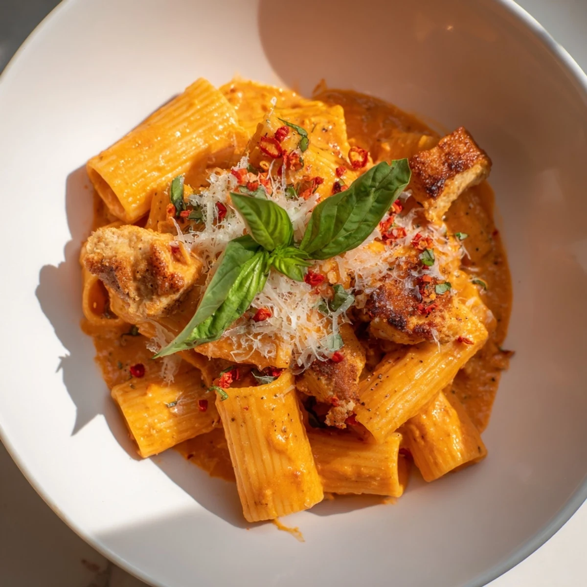 A delicious plate of Spicy Vodka Chicken Pasta, creamy sauce coating each rigatoni piece.