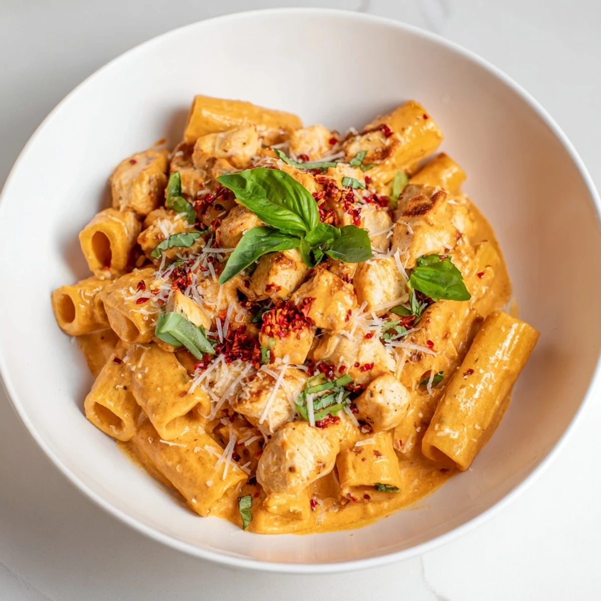 Imagine the rich, spicy flavor of this Spicy Vodka Chicken Pasta with fresh basil garnish.