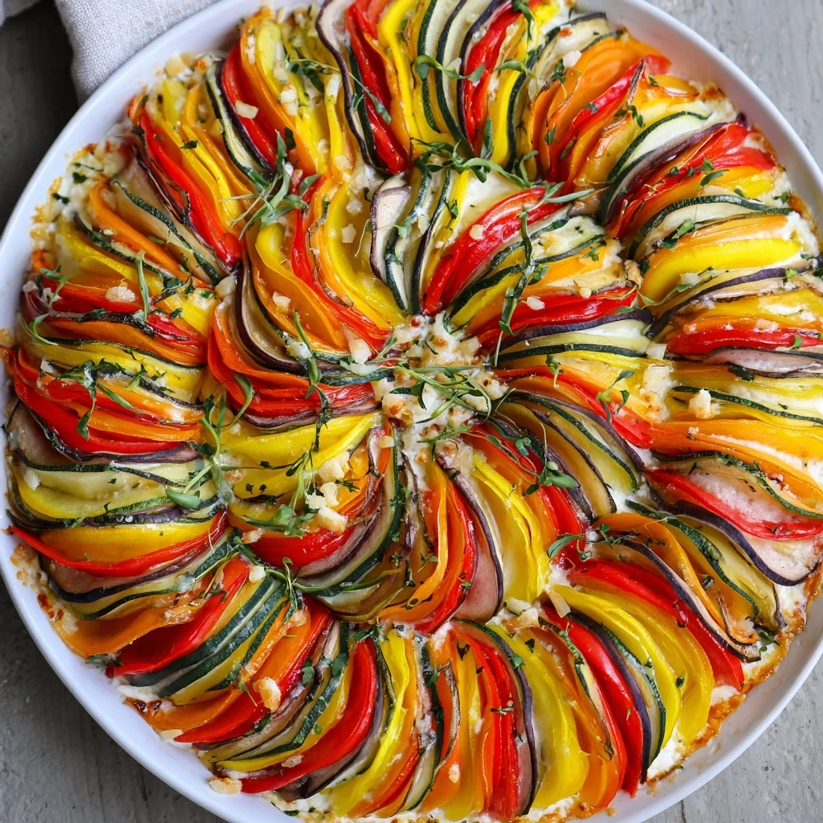 Roasted vegetables artfully spiraled, creating a vibrant The Snail Shell Spiral appetizer, ready to serve.
