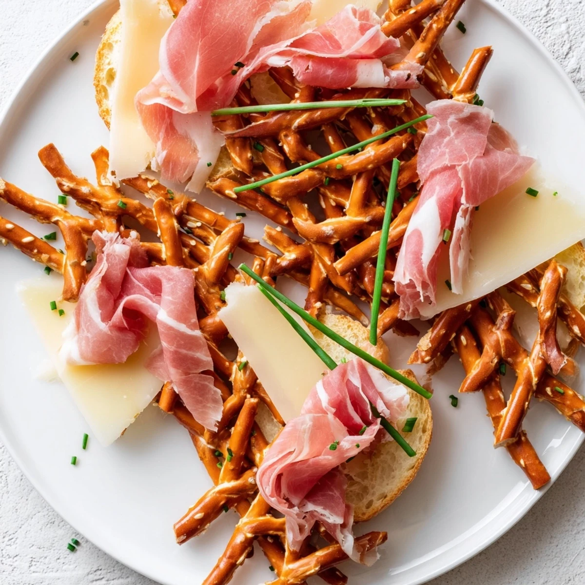 The Lattice Window: A delicious appetizer showcases pretzel stick lattice atop meats, cheeses, and baguette slices.