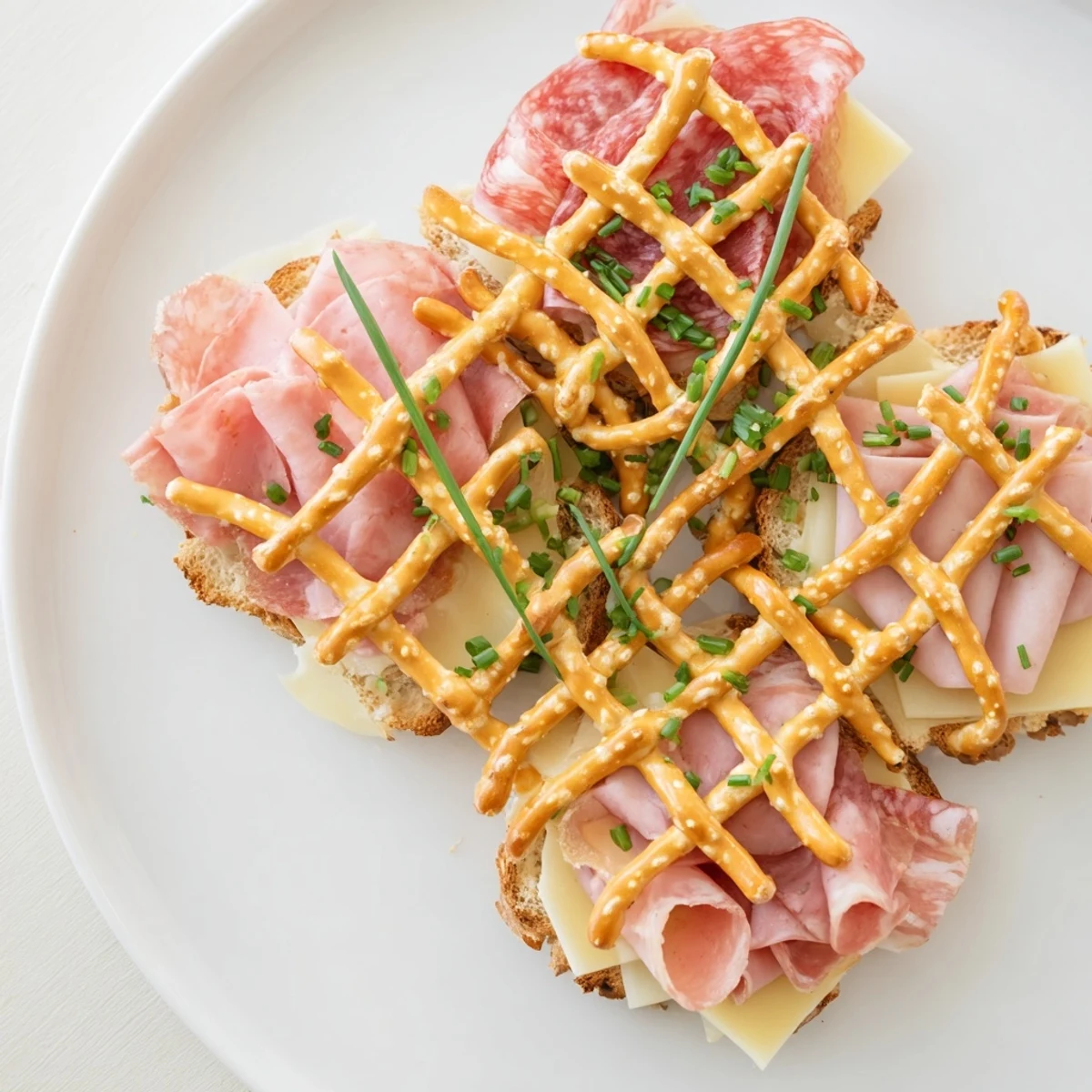 Enjoy a close-up of the Lattice Window with a vibrant pretzel lattice and delicious meat and cheese layers.