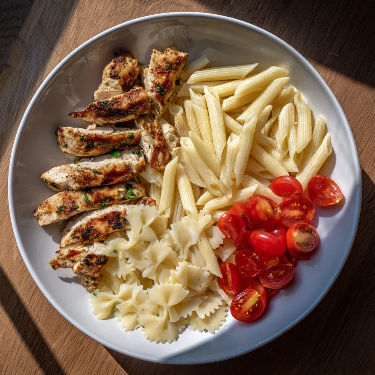 Girl Dinner Pasta Board, a colorful pasta platter with grilled chicken, marinara, pesto, and Alfredo sauces.