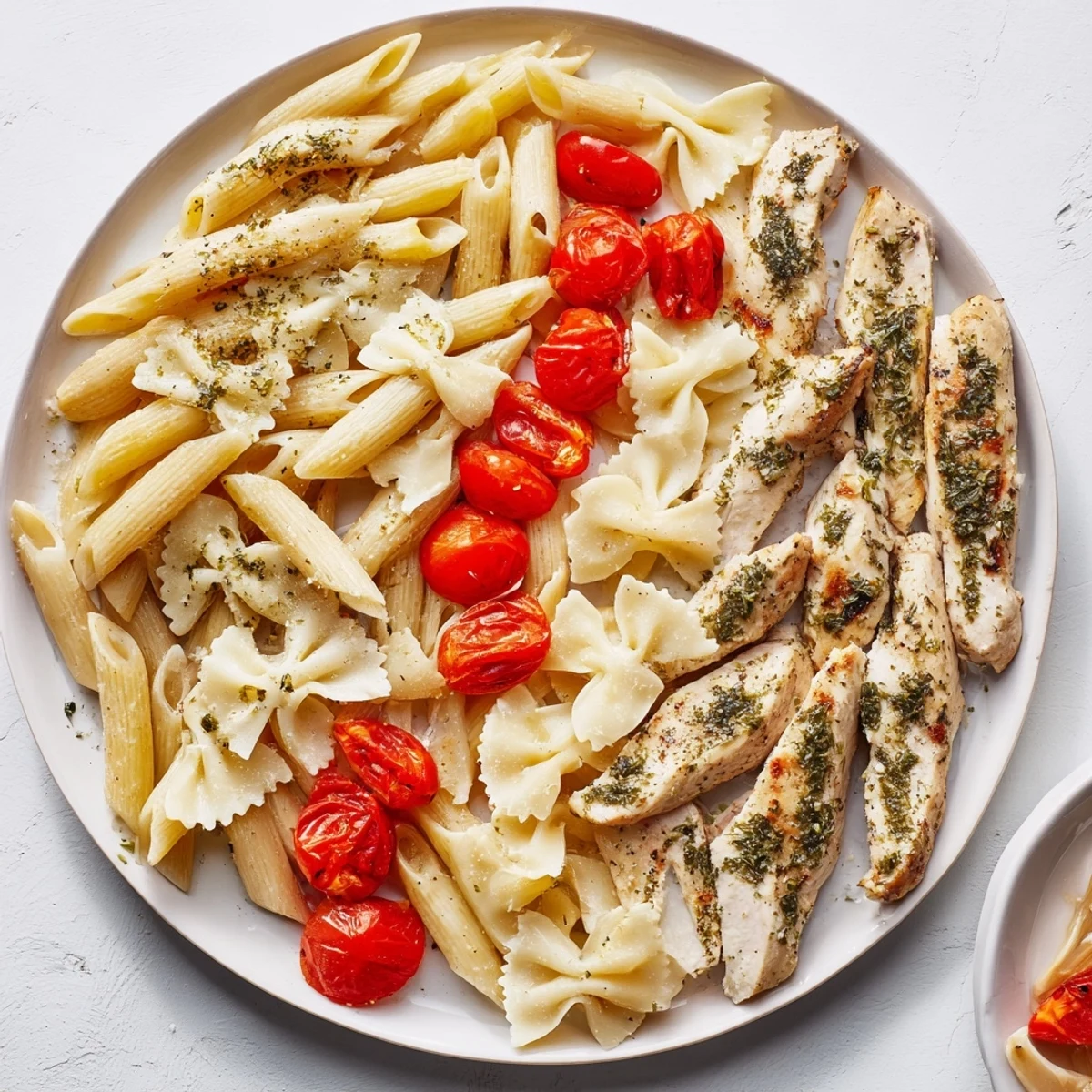 This Girl Dinner Pasta Board arrangement shows three pasta types, flavorful sauces, and chicken, ready to be enjoyed.