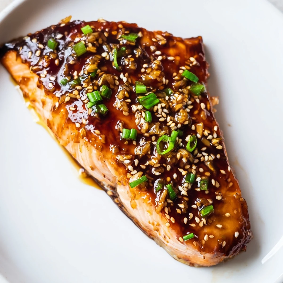 Mouthwatering image of a flaky Ginger Soy Glazed Salmon fillet garnished with sesame seeds and green onions.