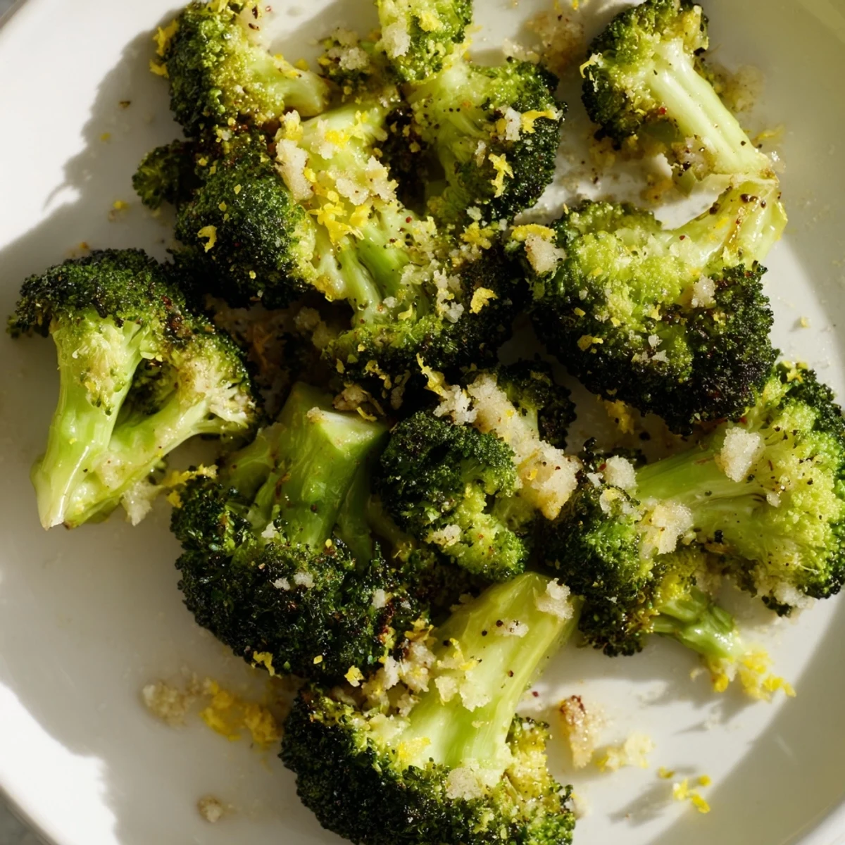 Vibrant photo of tender, roasted Lemon Garlic Broccoli, ready to be served as a healthy, delicious side.