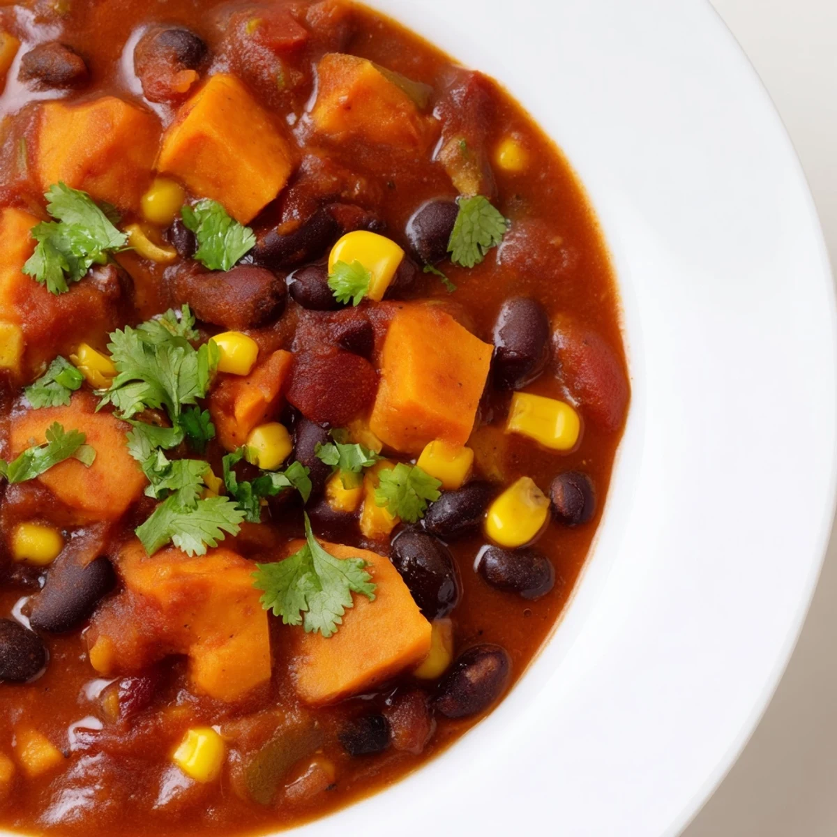 Steaming bowl of Smoky Sweet Potato Chili with vibrant vegetables and a rich, smoky aroma.